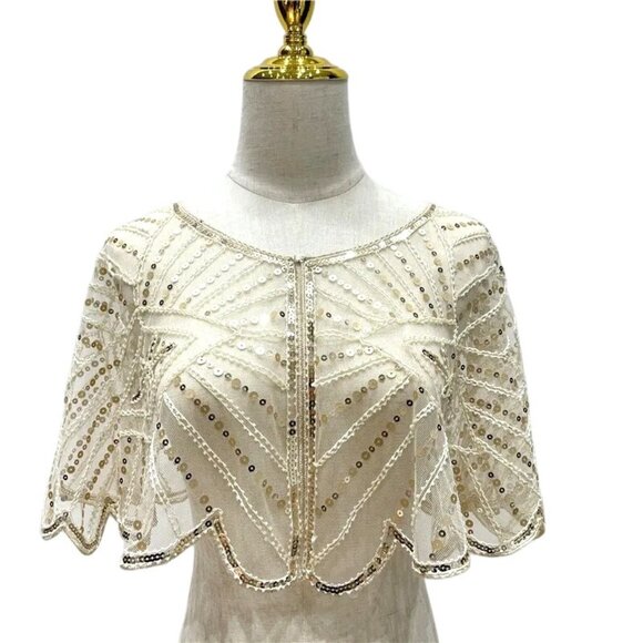 Beaded Sequins OS Capelet Scalloped Shawl Elegant Sheer Vintage Style Ivory - Picture 3 of 16